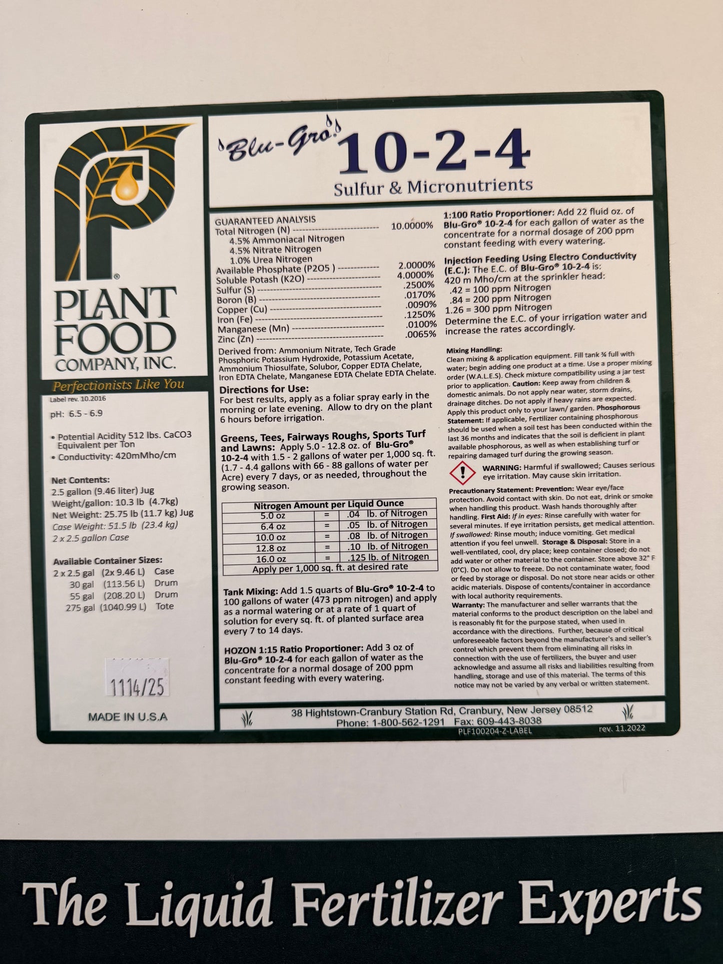 Plant Food Company 10-2-4 Sulfur & Micronutrients 2.5 Gallons