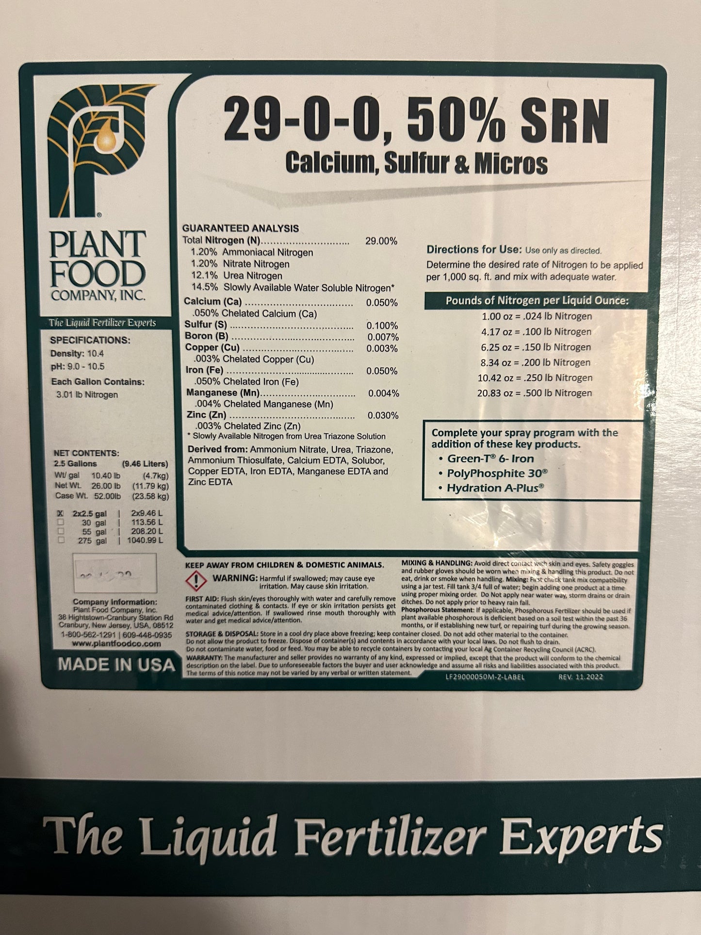 Plant Food Company 29-0-0 50%SRN 2.5 Gallons