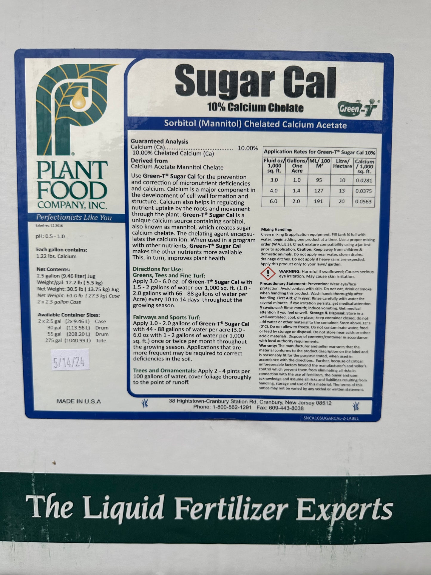 Plant Food Company Sugar Cal 2.5 Gallons