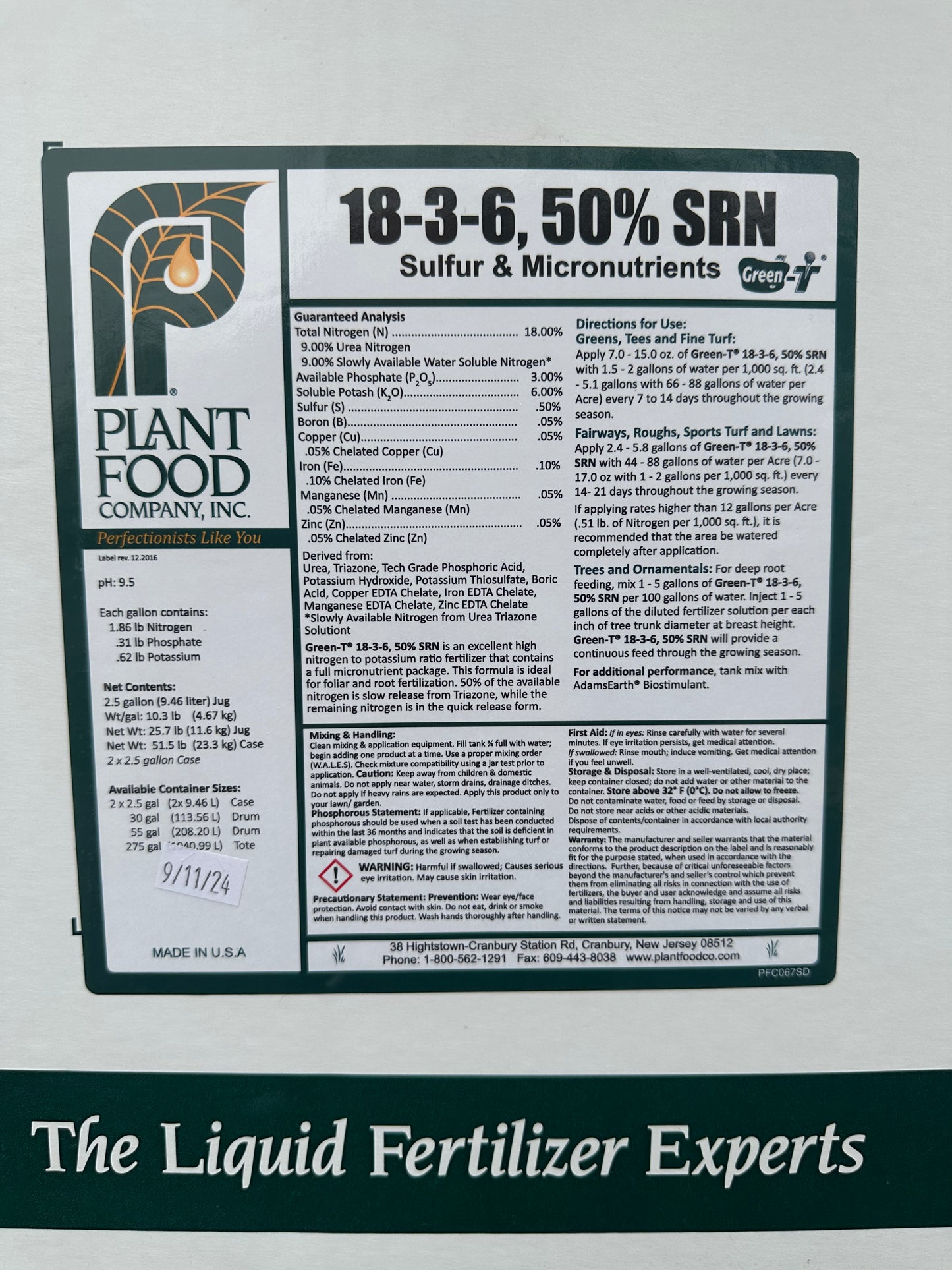 Plant Food Company 18-3-6 50% SRN 2.5 Gallons