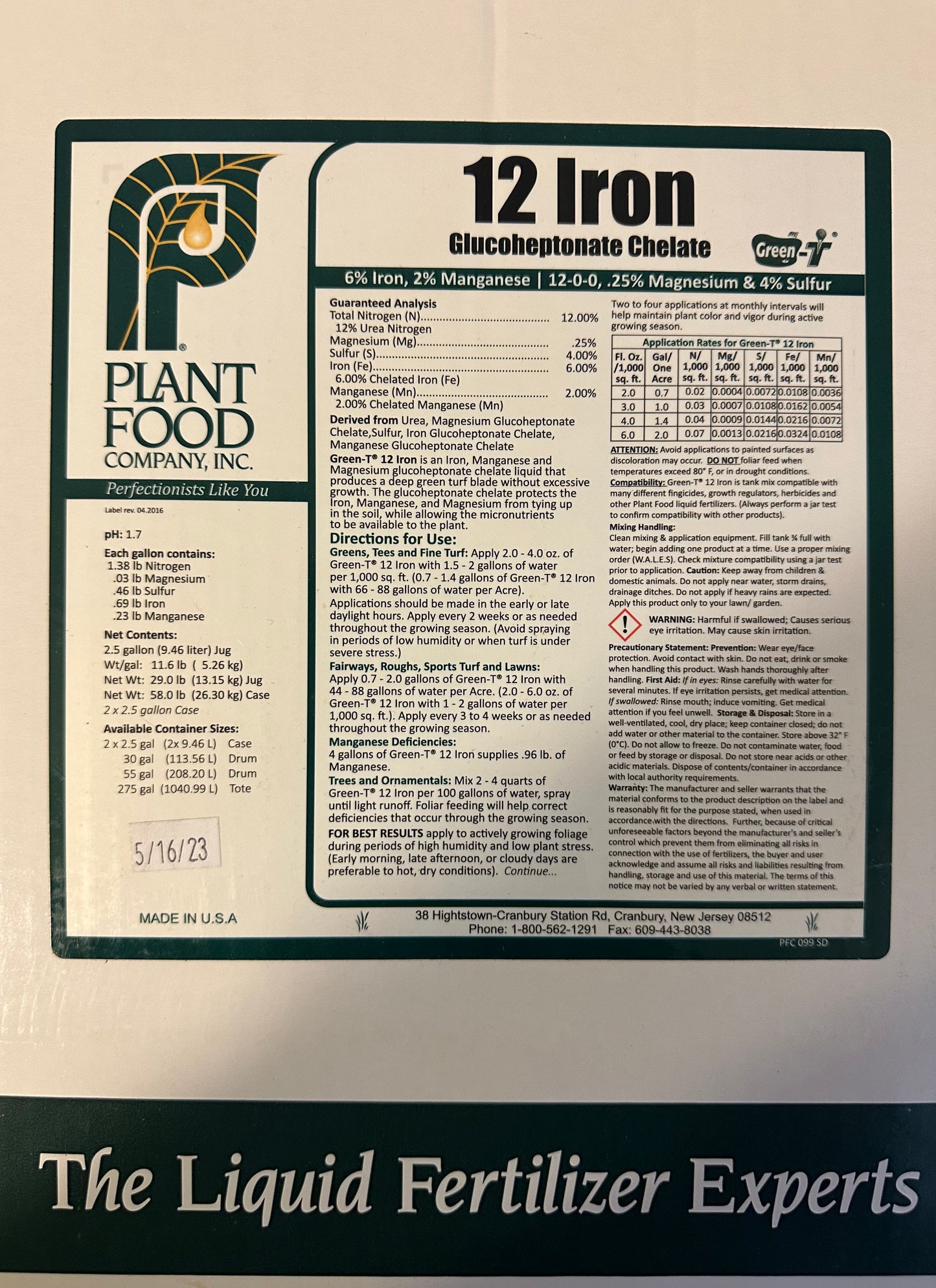 Plant Food Company 12 Iron 2.5 Gallons