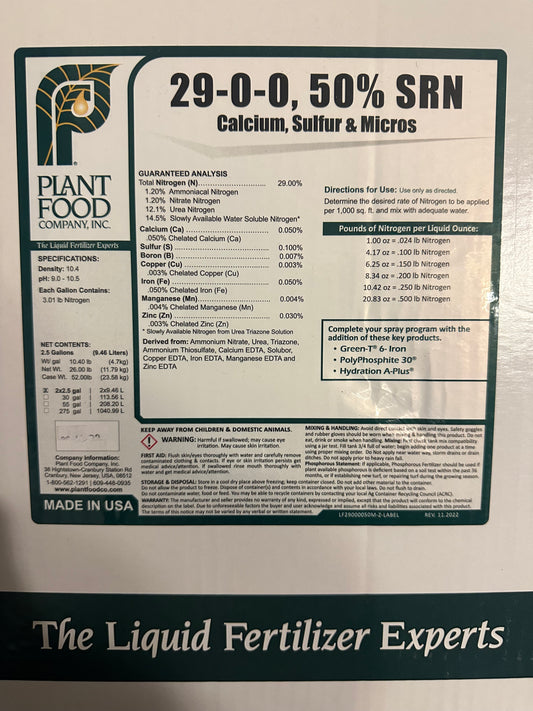 Plant Food Company 29-0-0 50%SRN 2.5 Gallons