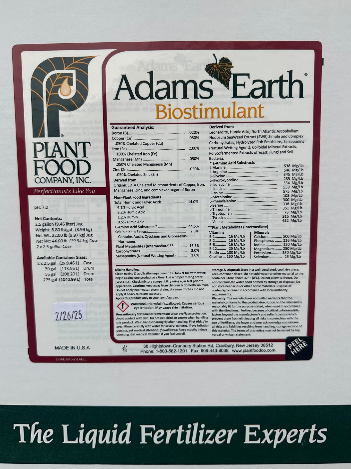 Plant Food Company Adams Earth 2.5 Gallons