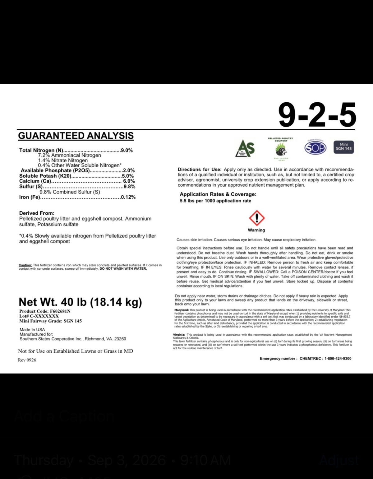 9-2-5 Granular AMS/Nitrate 60% Poultry Litter 40 Pound Bags