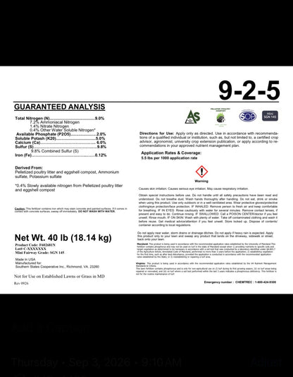 9-2-5 Granular AMS/Nitrate 60% Poultry Litter 40 Pound Bags